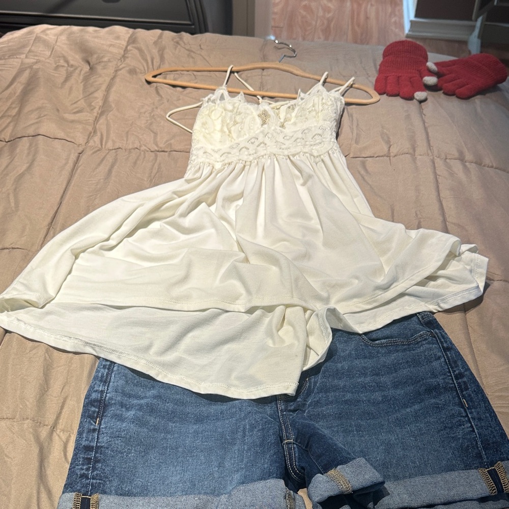 Elegant White Lace Camisole Top with Jean shorts